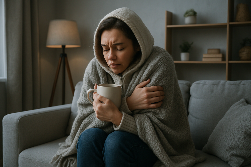 hazme una mujer que tiene frio sentada en un mueble de su casa